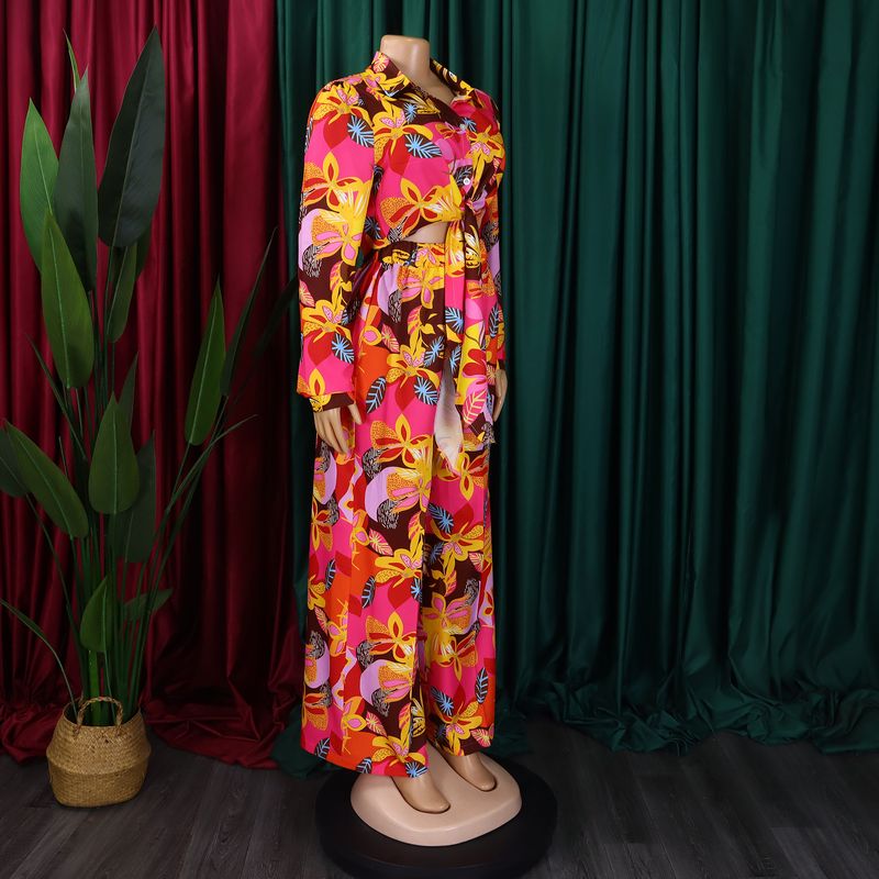 Women's Fashion Print Two-piece Suit Lapel Tie Shirt Wide Leg Pants Suit_autovado.com