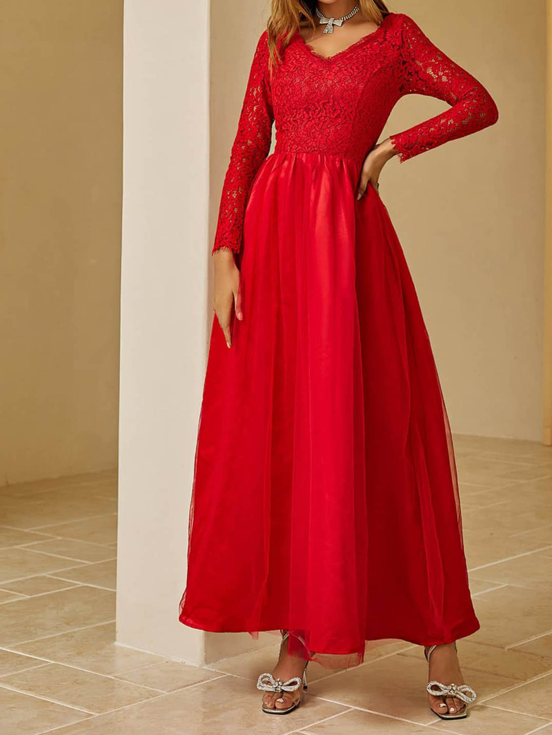 Women's new clothing mesh lace long sleeve wedding wedding dress red evening dress_autovado.com