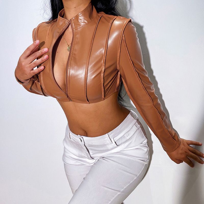 Women's Clothing short jacket for women Autumn and winter new long-sleeved ultra-short zipper leather jacket_autovado.com