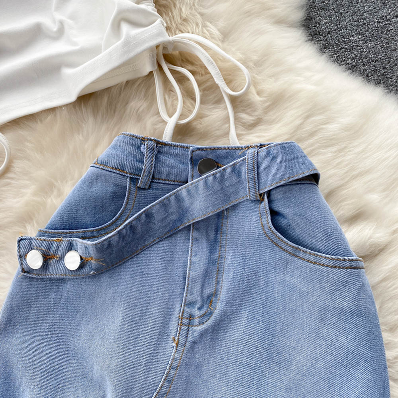 Women's Smocked Strappy Shoulder Vest Irregular Raw Edge Slit Denim Skirt Two-piece Set_autovado.com