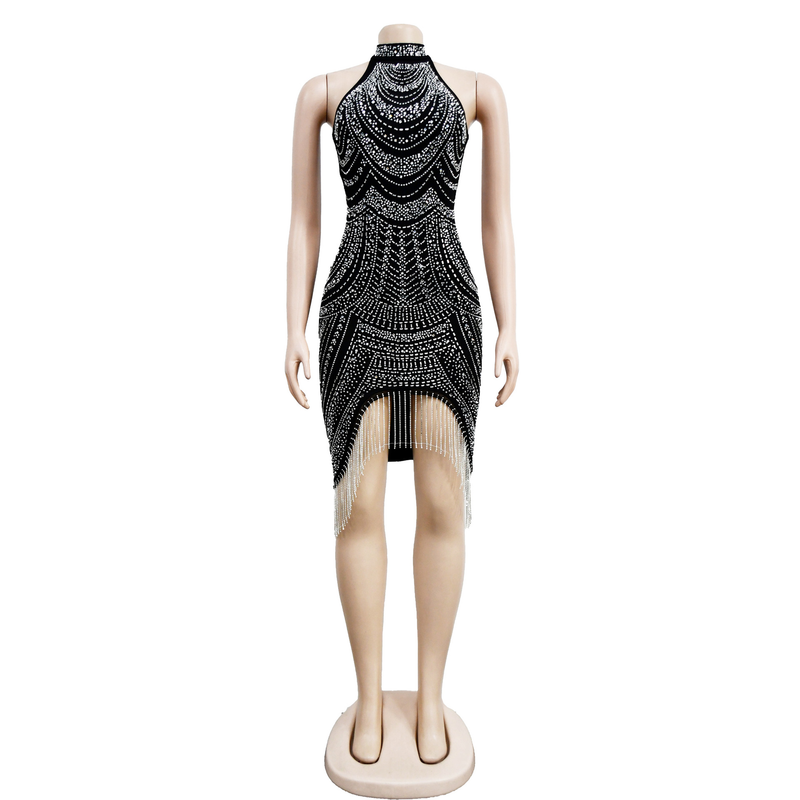Women's Solid Color Hot Diamond Sleeveless Halter Neck Short Skirt Dress For Women_autovado.com