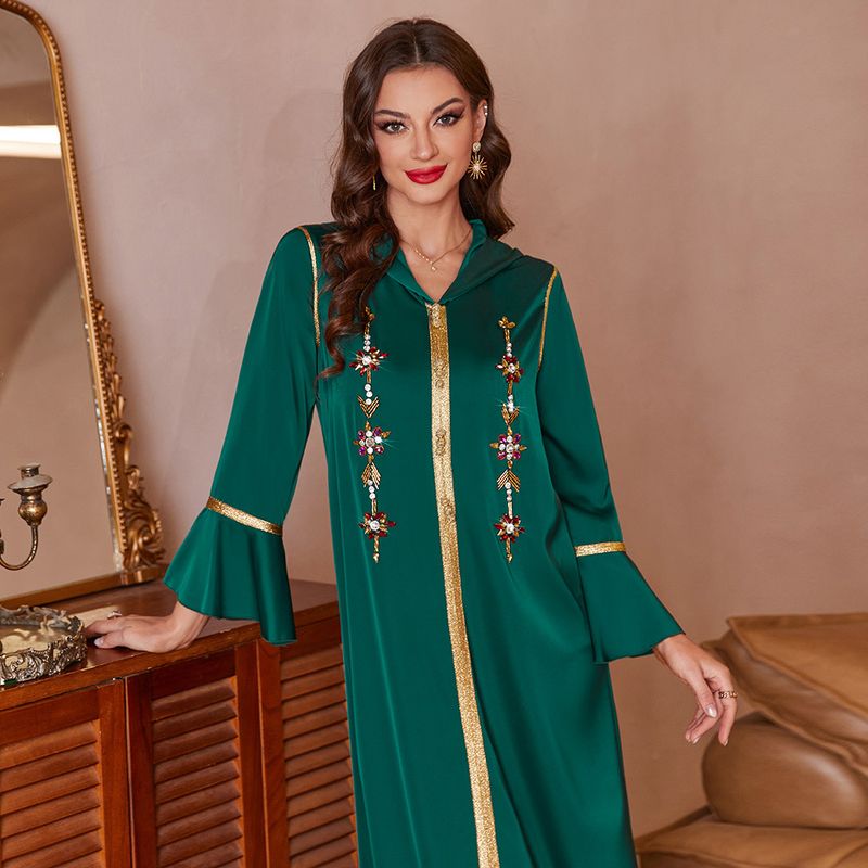 A815 dark green trumpet sleeves front slit walnut satin robe Dubai party banquet dress_autovado.com
