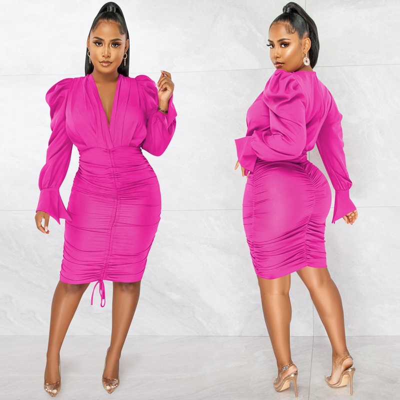 Women's Clothing fashion casual solid color long-sleeved pleated V-neck dress for women_autovado.com
