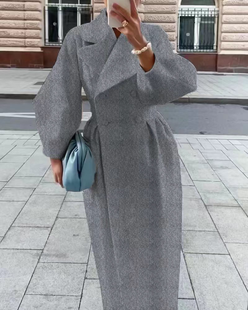 Women's woolen coat intellectual wind pocket lapel winter new solid color lantern sleeve female coat_autovado.com