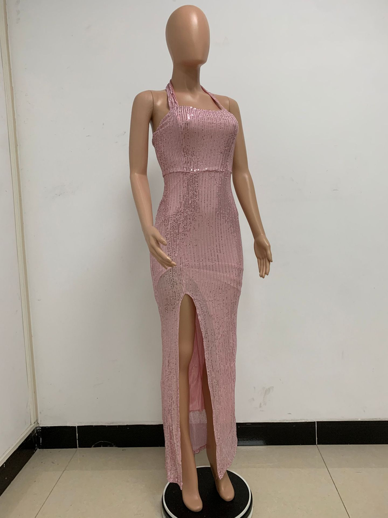 Women's slit sleeveless hot girl dress female halter neck backless sequin dress skirt_autovado.com