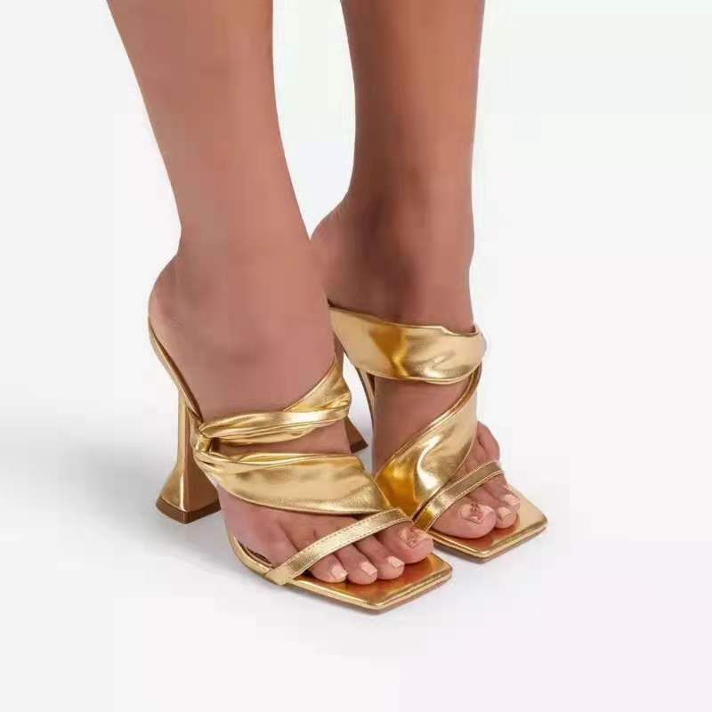 Women's plus-size high-heeled sandals Gold slippers with thin heels and square heads_autovado.com