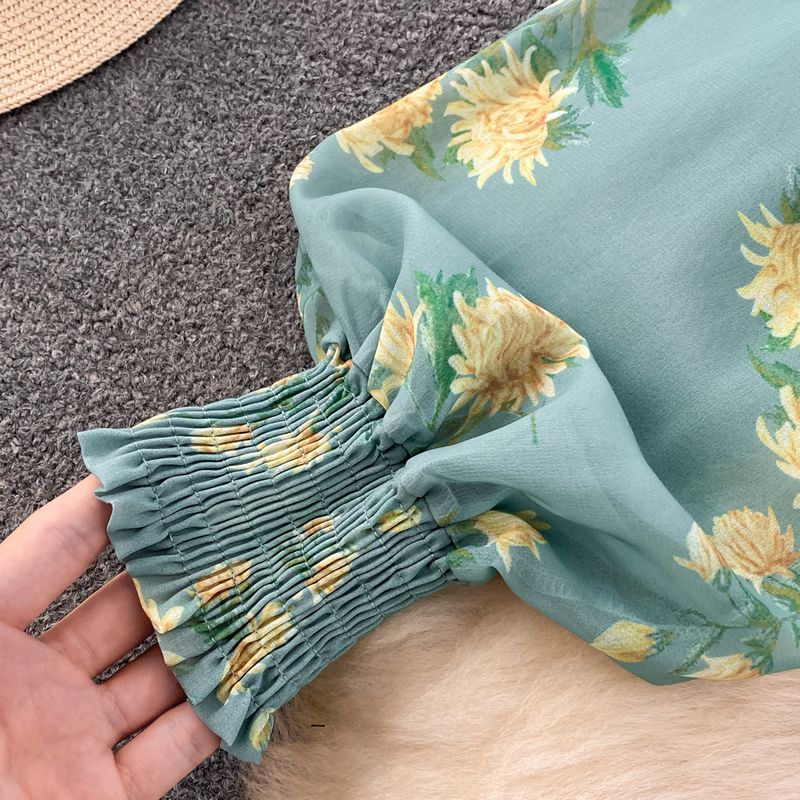 Women's Clothing light mature style, lantern long sleeves, bowknot, loose printed chiffon shirt, two-piece suit, high waist skirt_autovado.com