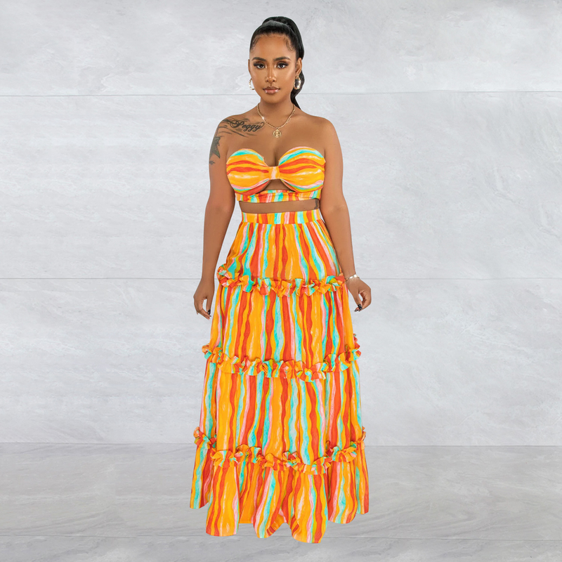 Women's Clothing fashion women's sleeveless tube top striped printed long skirt two-piece set_autovado.com