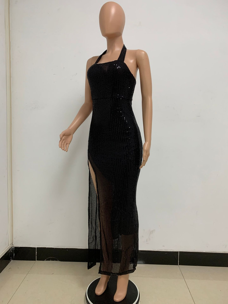 Women's slit sleeveless hot girl dress female halter neck backless sequin dress skirt_autovado.com