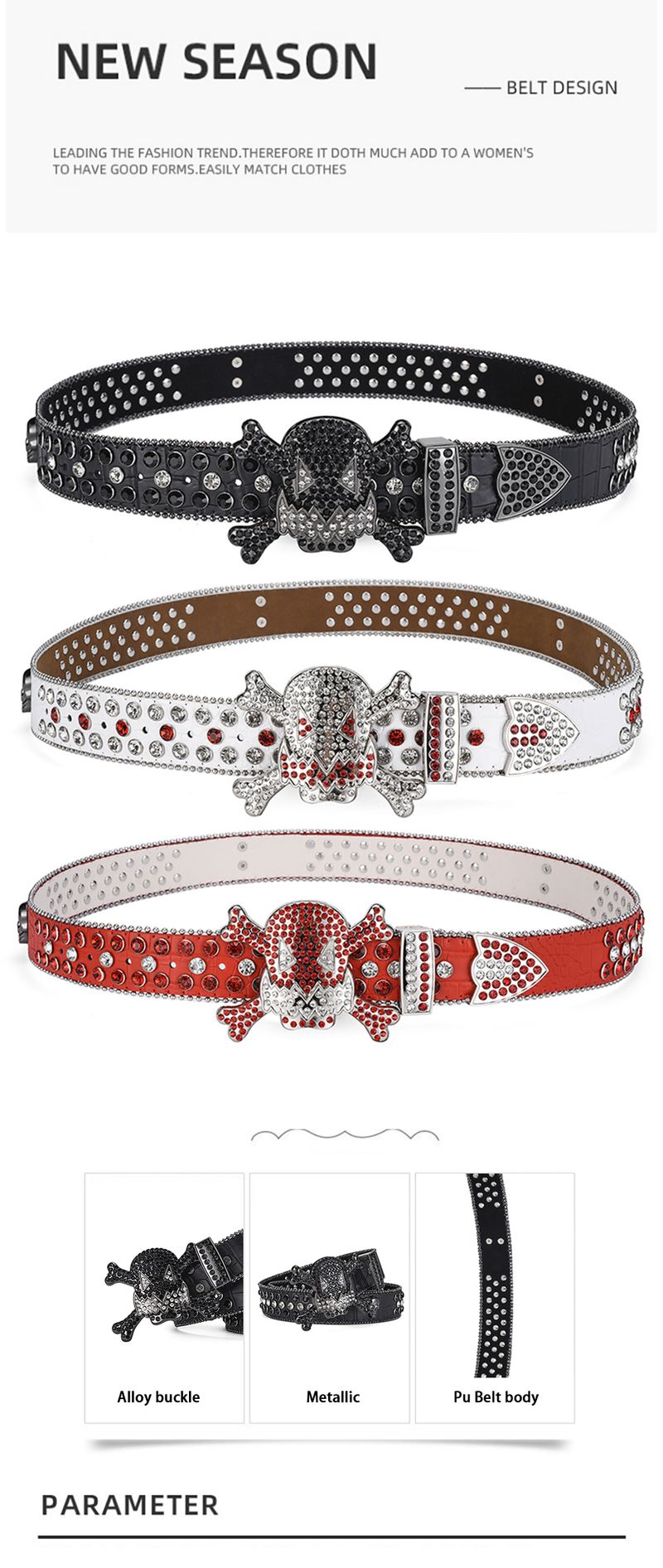 HOT Women's Jeans Skull Head Buckle Rhinestone Y2K Shiny Rivet Design Pu Artificial Diamond Punk Rock Men's Belt_autovado.com