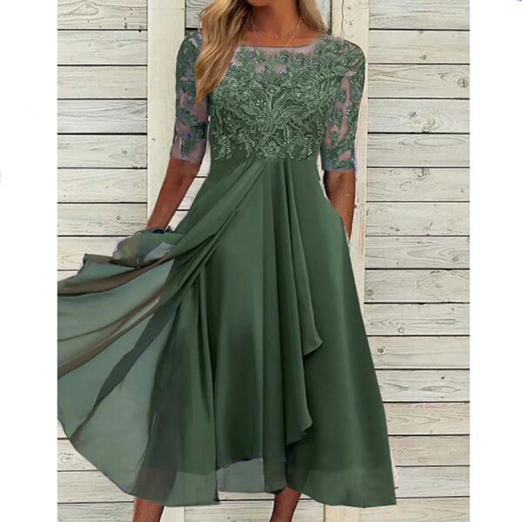 Women's clothing Dress Chiffon Spliced Lace Hollow Long Skirt Bridesmaid Evening Dress Women's Clothing_autovado.com