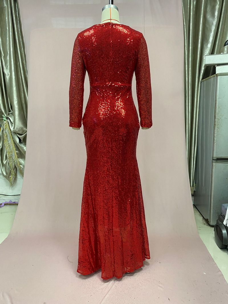 Women's Clothing Women's Dress Fishtail Edge Red Sparkling Long Sleeve V-neck Dress Long Skirt_autovado.com
