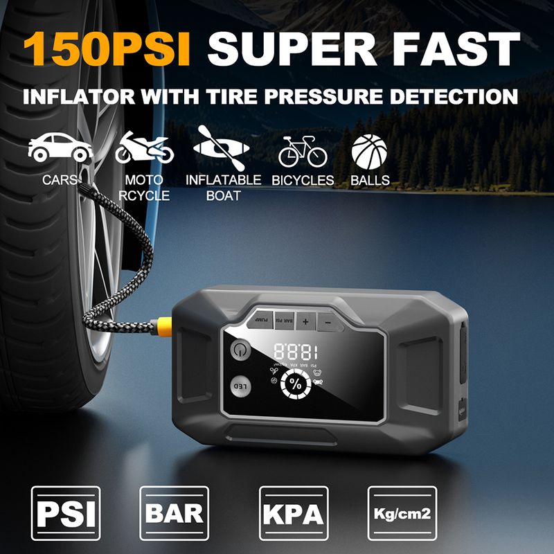 Jump Starter And Tire Inflator, 26000 MAh, Rechargeable USB Emergency Battery Booster With Air Compressor, Multiple_autovado.com