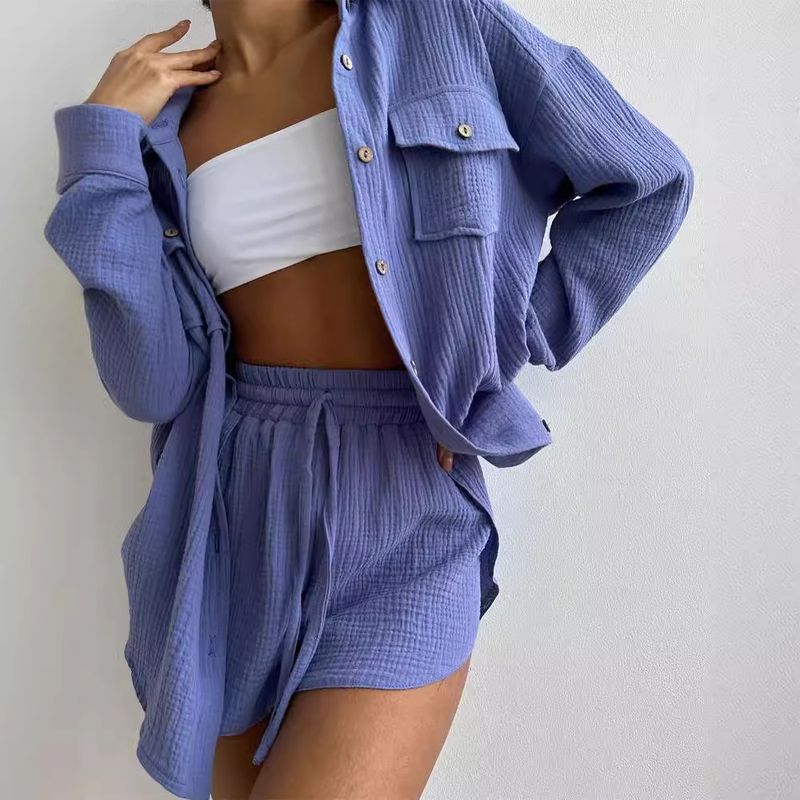 Women's Clothing new arrival lapel loose shirt high waist shorts two piece fashion casual suit_autovado.com