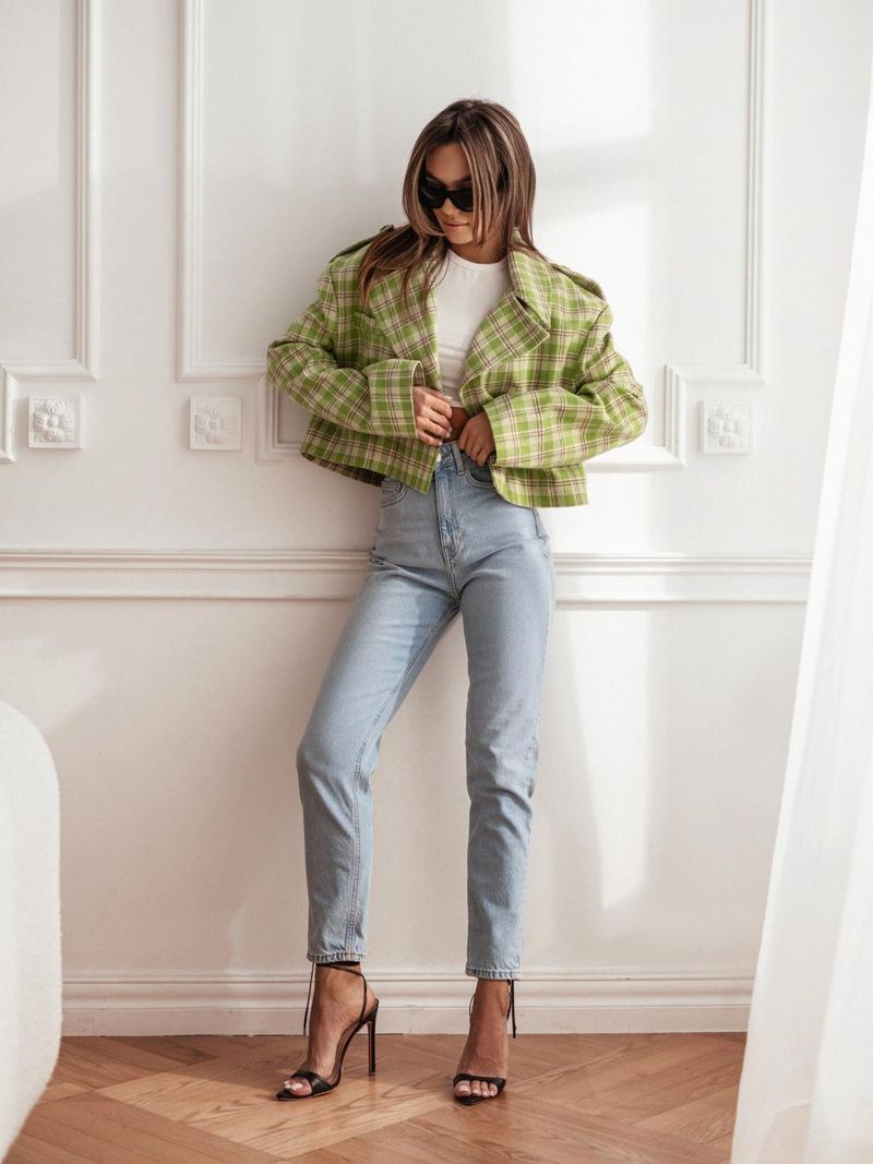 Women's Clothing New 2024 Fashion Suit Collar Plaid Printed Wool Coat_autovado.com