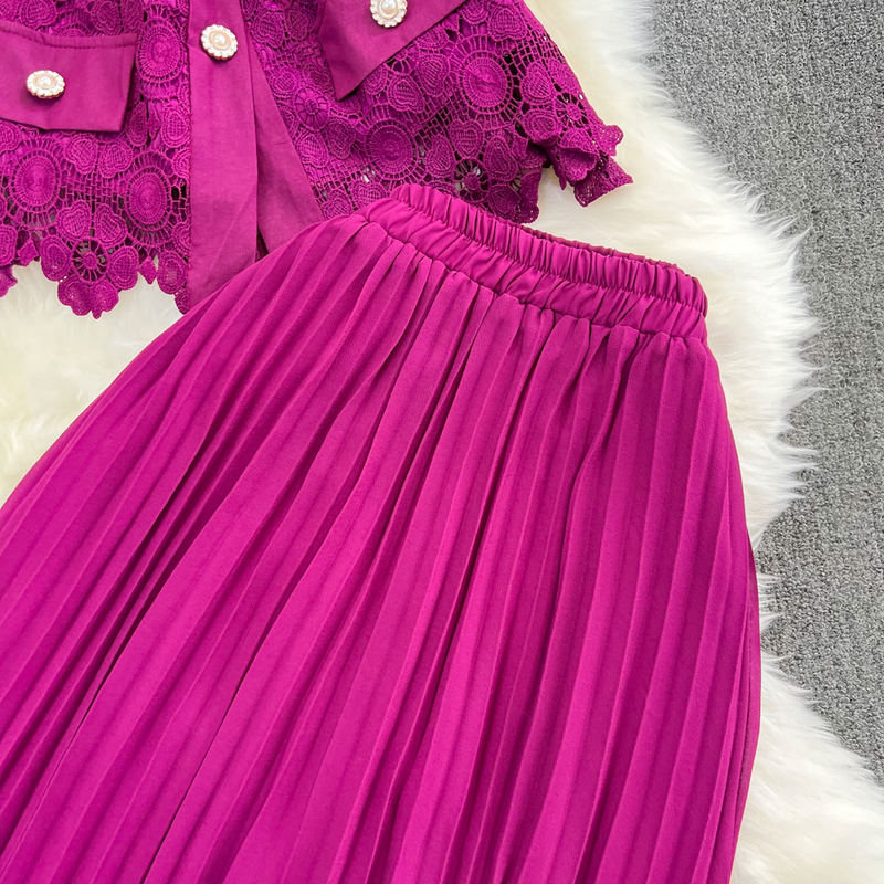 Women's fashion single breasted lace shirt two-piece set high waist a line pleated skirt_autovado.com
