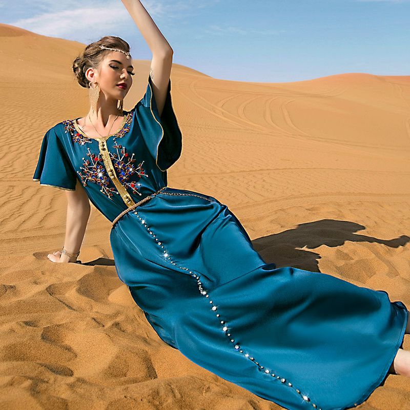 BA7029 new hand-stitched short-sleeved dress travel party lady style long dress_autovado.com