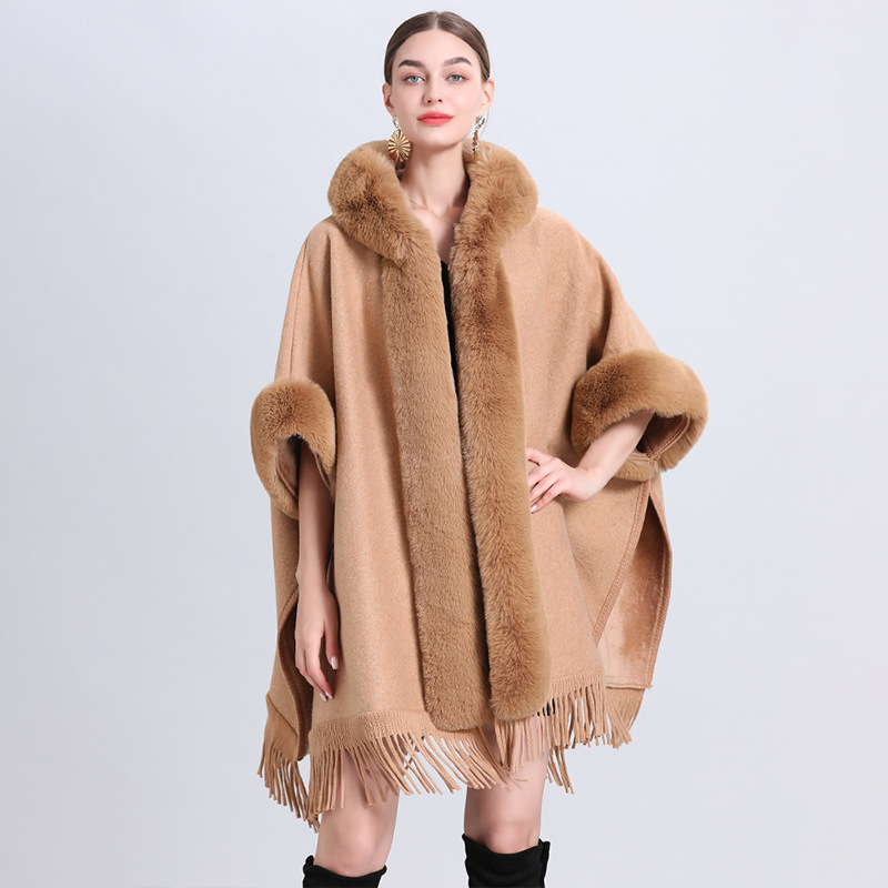 loose plaid plus velvet thick fur collar knitted shawl cape women's woolen shawl coat_autovado.com
