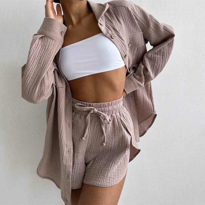 Women's Clothing new arrival lapel loose shirt high waist shorts two piece fashion casual suit_autovado.com