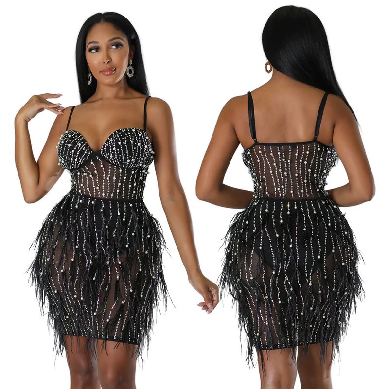 Women's Clothing sleeveless suspender hot diamond feather dress for women_autovado.com
