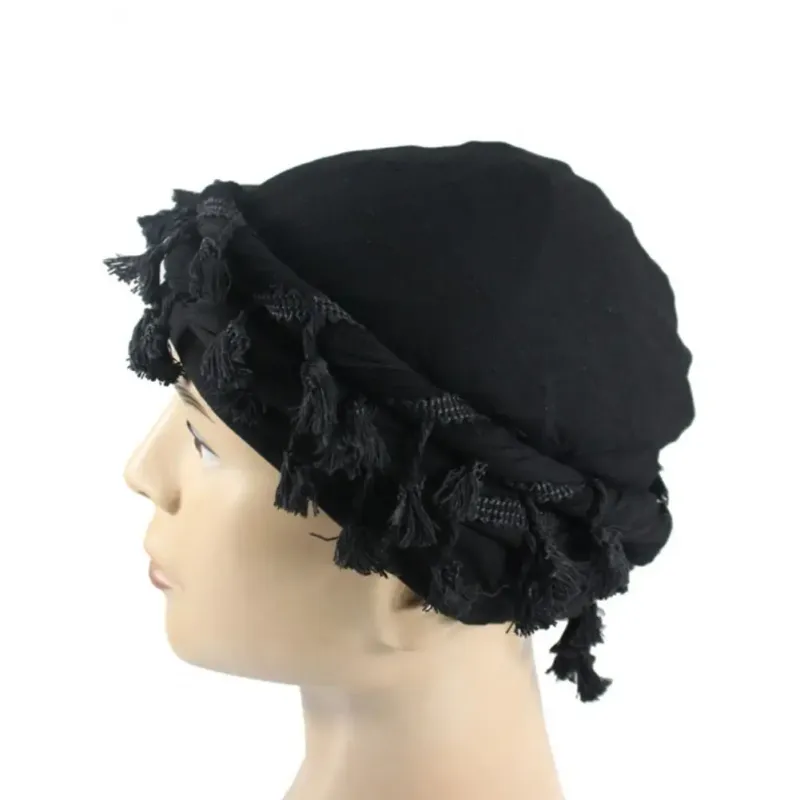 Hot Sale 2024 Men Punk Burr Trim Twisted Tail Fringe Cotton Bandana Hop Turban Hats Head Wrap Beanie Cap Solid Color Docker Hat_autovado.com