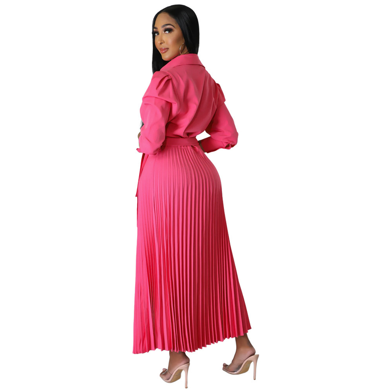 Long sleeved Polo collar high waist fashion casual pleated women's dress_autovado.com