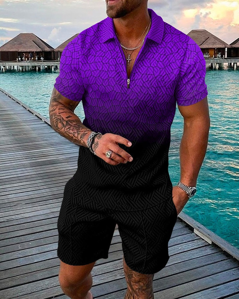 Men's Fashion Casual Suit 3D Printed Zipper Short Sleeve Polo Shirt Shorts 2-Piece Set_autovado.com