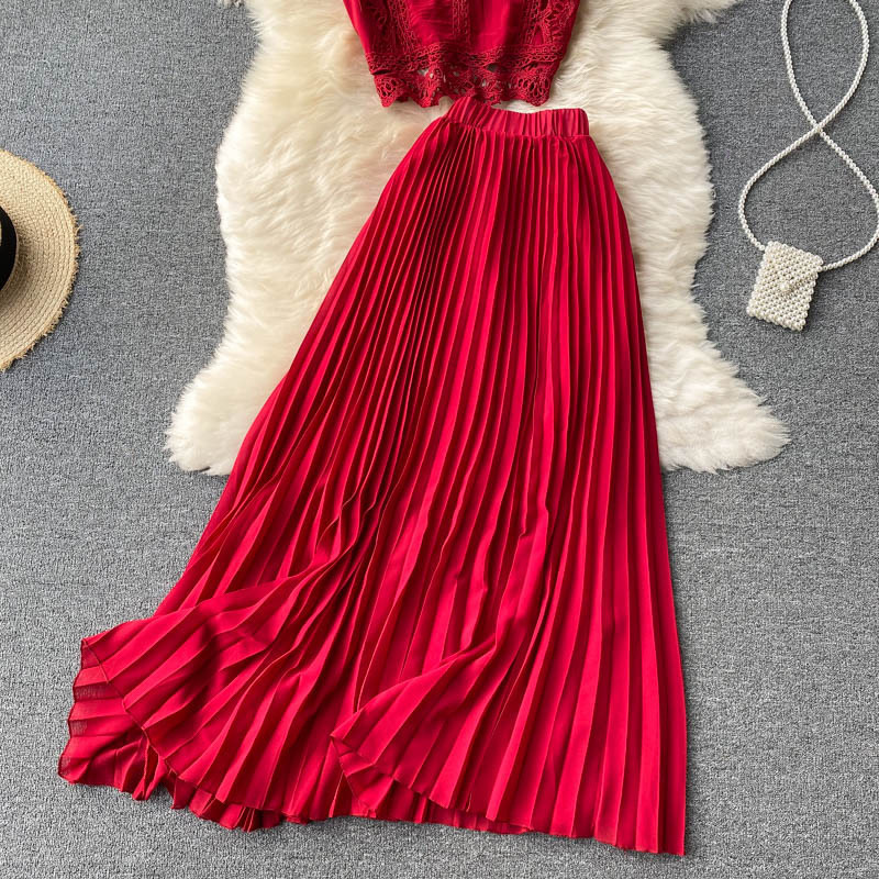 Women's fashion high-waisted lean pressed chiffon skirt two-piece set_autovado.com