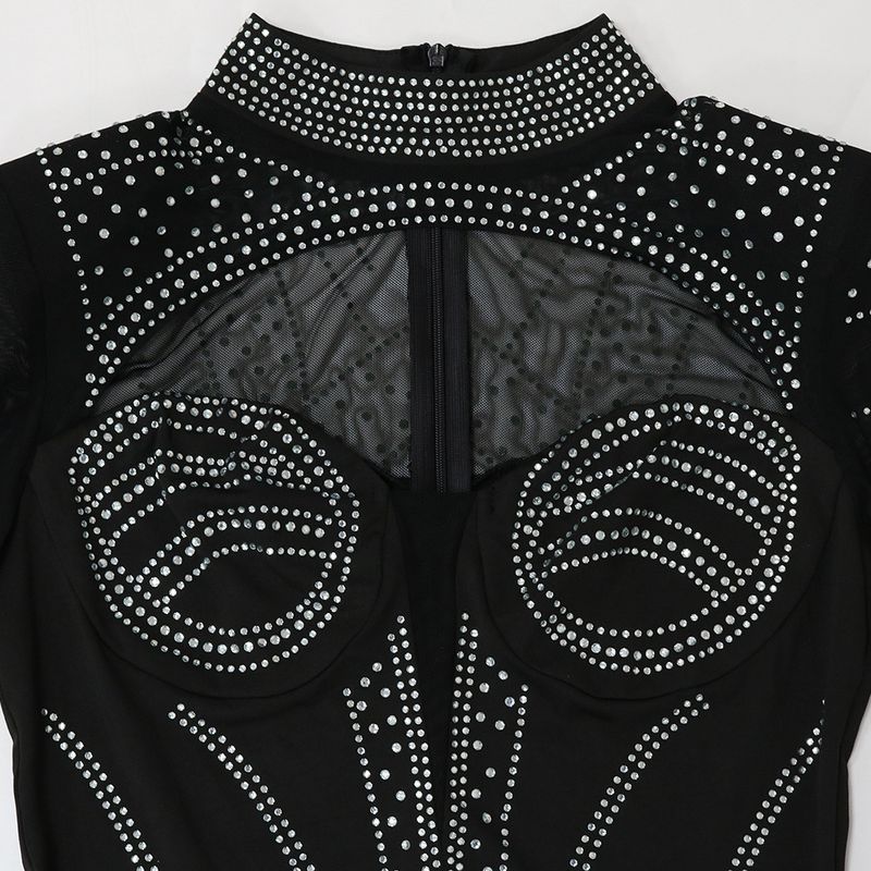 Women's Clothing round neck long-sleeved dress with hollow design on the chest and rhinestone hip party dress_autovado.com