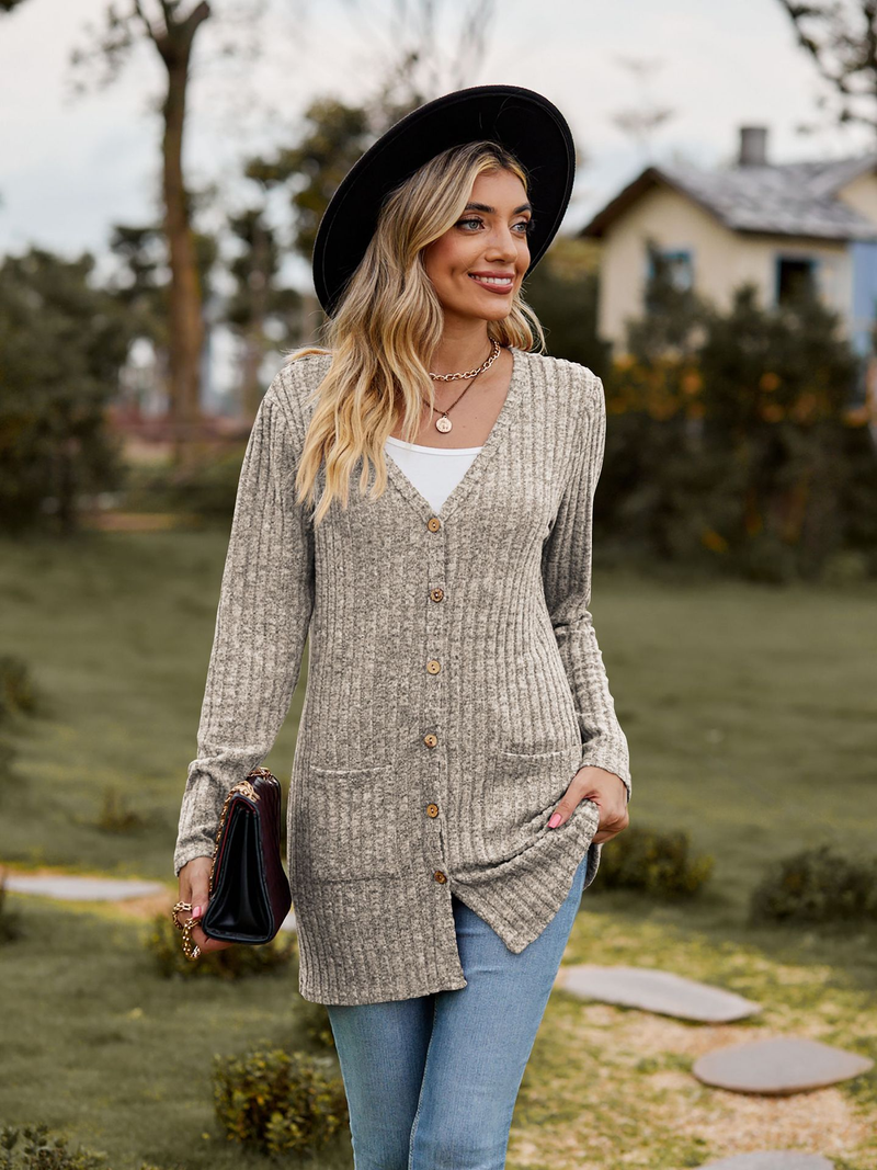 New women's clothing women's brushed pit strip solid color long-sleeved women's cardigan jacket_autovado.com