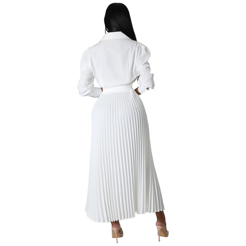 Long sleeved Polo collar high waist fashion casual pleated women's dress_autovado.com
