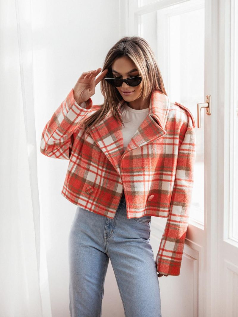 Women's Clothing New 2024 Fashion Suit Collar Plaid Printed Wool Coat_autovado.com