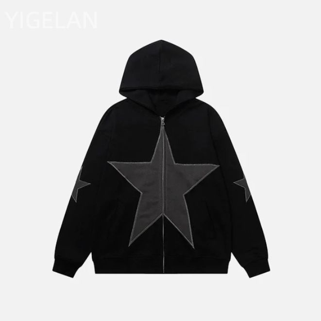 Street oversized loose fitting women's pentagonal star patch embroidered printed hoodie personality zipper sweater men's_autovado.com