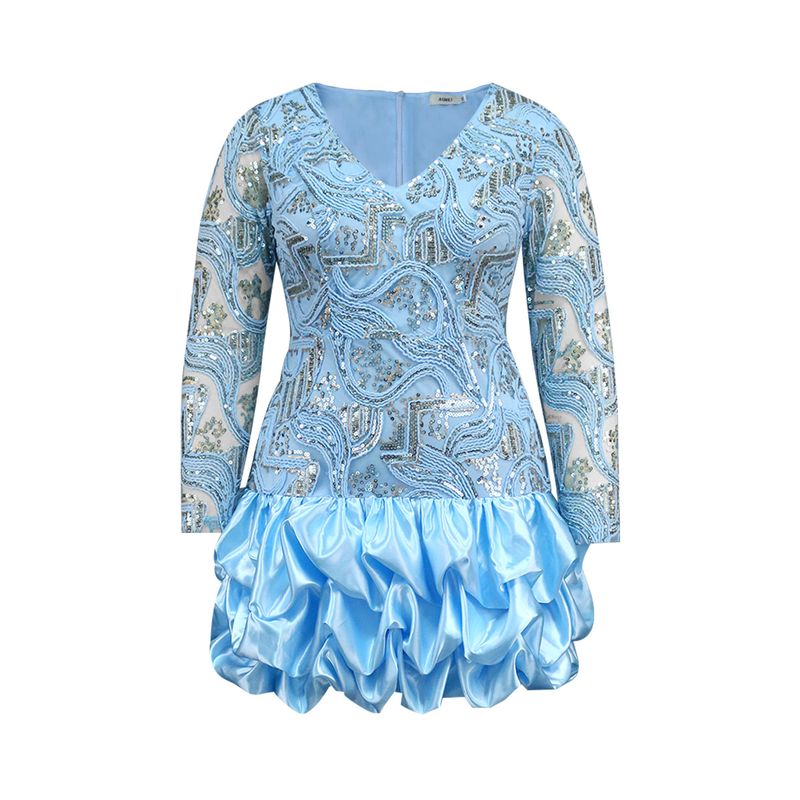 Large size women's V-neck sequined dress Birthday party dress Party dress_autovado.com