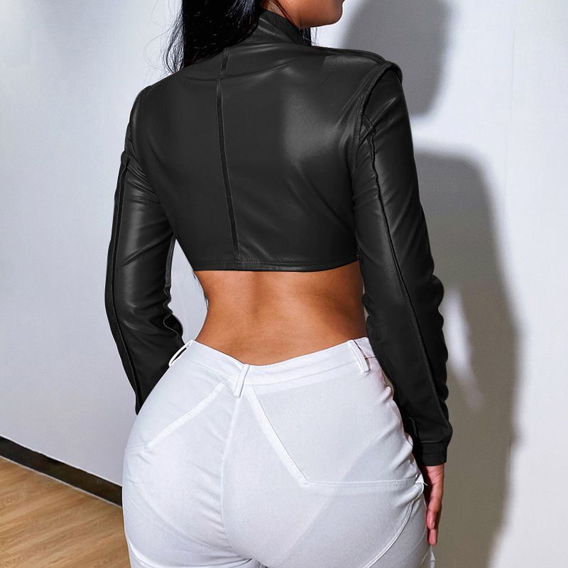 Women's Clothing short jacket for women Autumn and winter new long-sleeved ultra-short zipper leather jacket_autovado.com
