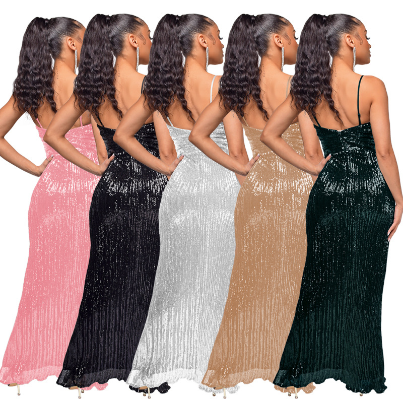 Women's summer slit backless hot girl dress sequined sleeveless suspender skirt women_autovado.com
