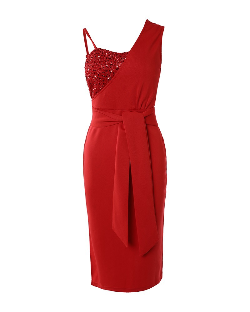Women's New Solid Color Fashion Sequin Dress One-shoulder Suspender Evening Dress Dress_autovado.com
