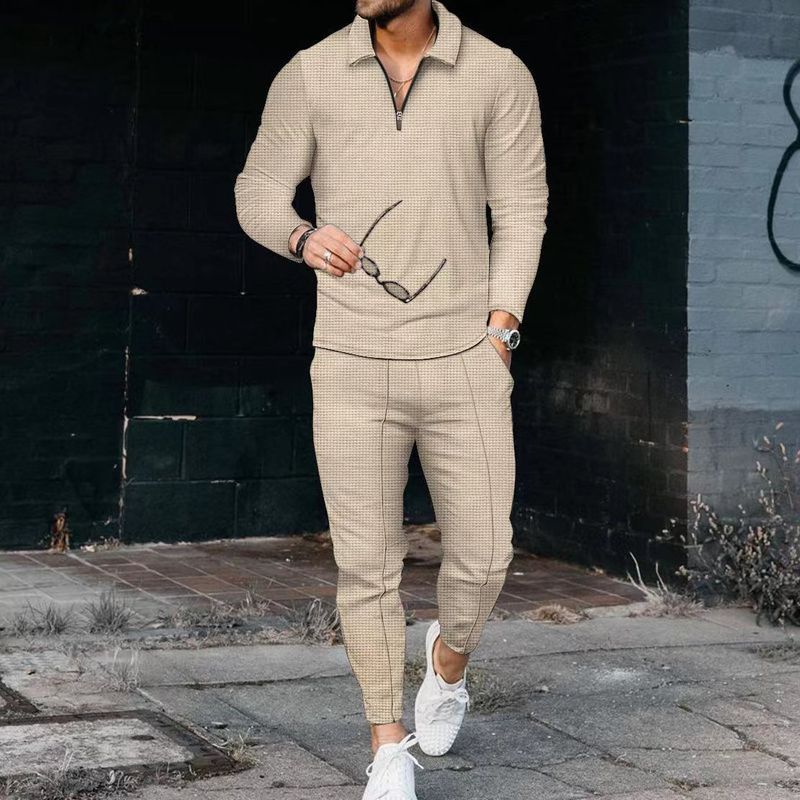 Men's Clothing texture suit long-sleeved polo suit sports pants fashion casual half zipper stand collar suit_autovado.com