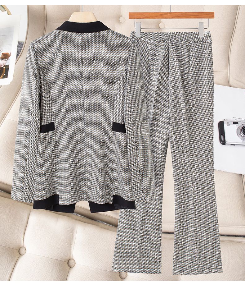 Women's Clothing high-end slim slimming heavy work sequins professional Plaid color matching suit_autovado.com