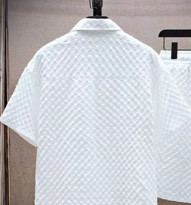 MERCURY Men's Clothing Summer ice silk men's trendy short-sleeved shirt and shorts set waffle thin sports casual two-piece suit_autovado.com