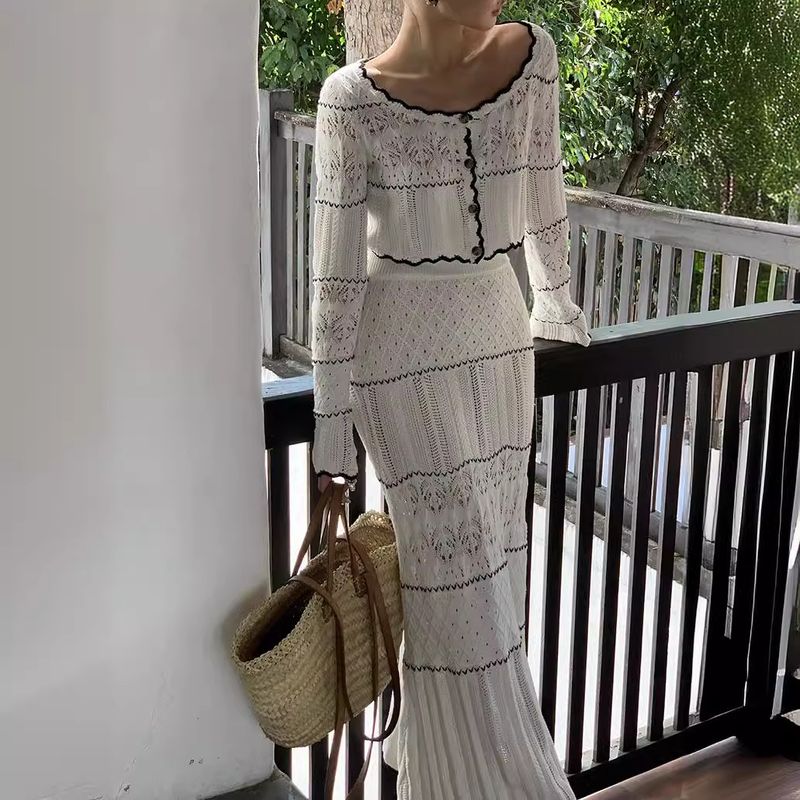 Women's Clothing hollow knitted top skirt two piece suit fashionable and age reducing temperament early spring wear a complete set_autovado.com