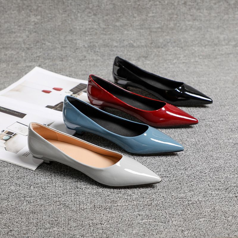 Spring new commuter style pointed head medium low heel single shoes women's thin heel patent leather work shoes women's black_autovado.com