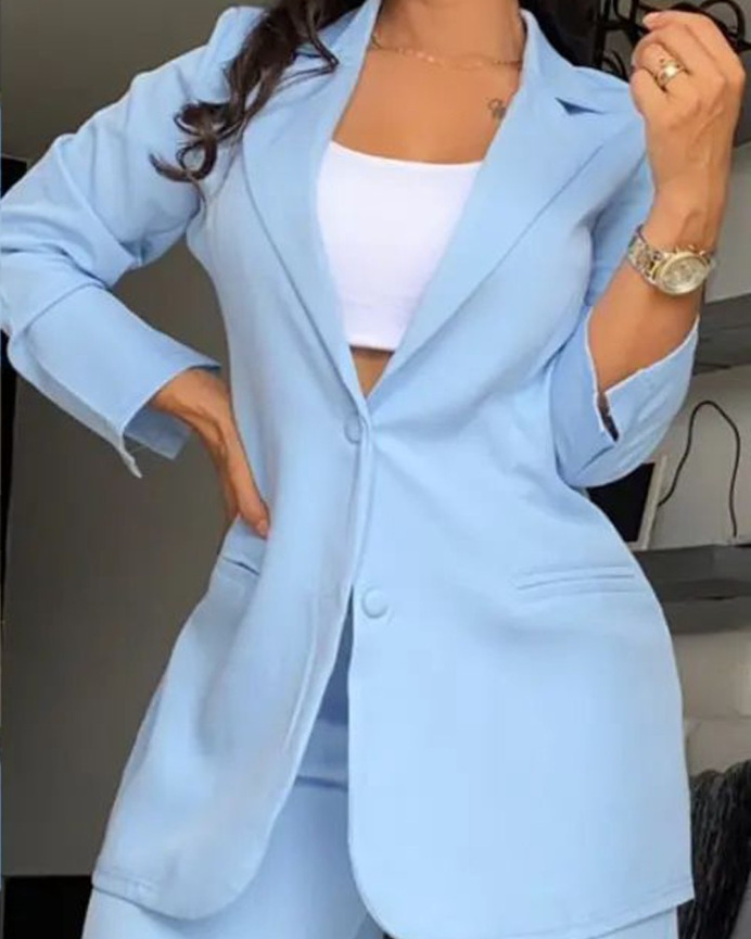 women's Clothing, Elegant And Solid Color Split Sleeve Lapel Suit With Pockets And Straight Pants Suit_autovado.com