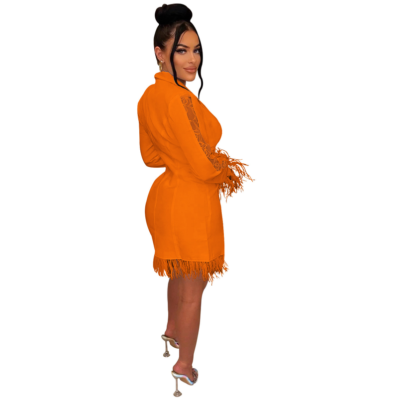 Women's fashion women's V-neck long-sleeved double-breasted tassel openwork dress_autovado.com