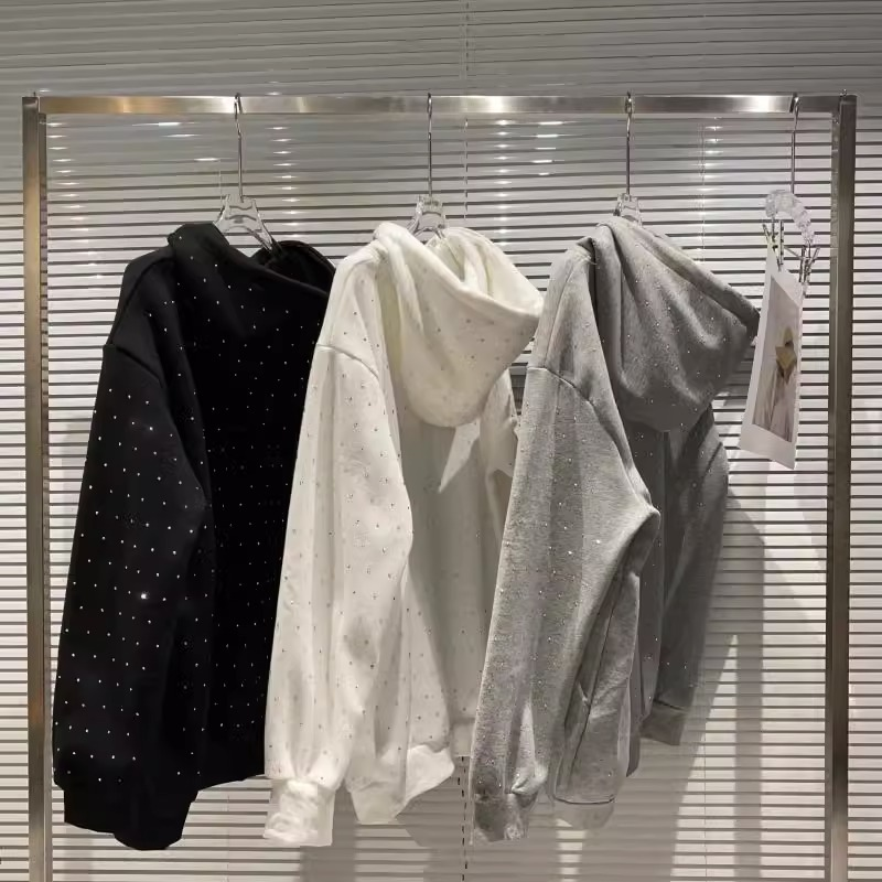 Women's clothing fat m spring and autumn starry rhinestone hot diamond shiny loose pullover hooded sweatshirt for women_autovado.com