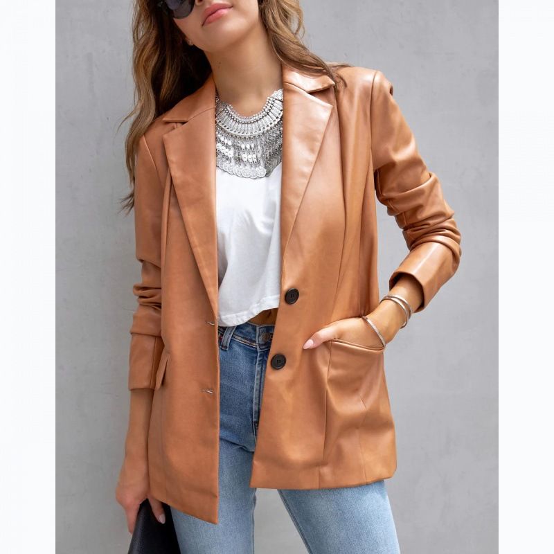 Women's Clothing Street Style Pure Color Casual Fashion Three color Leather Jacket _autovado.com