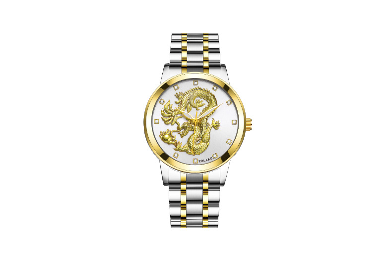 Men's Quartz Watch Men's Watch Diamond Yellow Gold Luminous Waterproof Steel Belt Relief Dragon Totem Watch_autovado.com