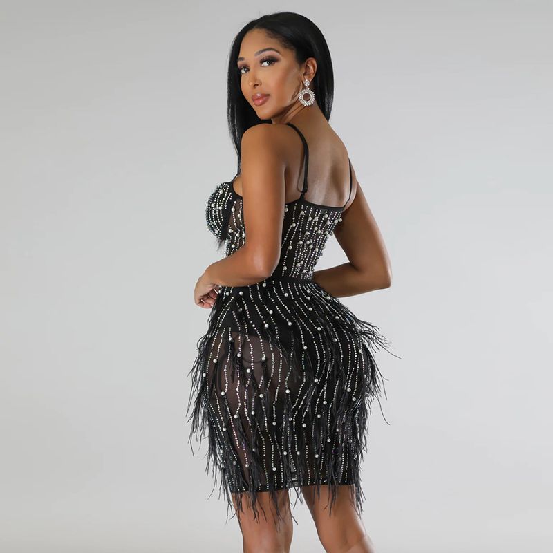 Women's Clothing sleeveless suspender hot diamond feather dress for women_autovado.com