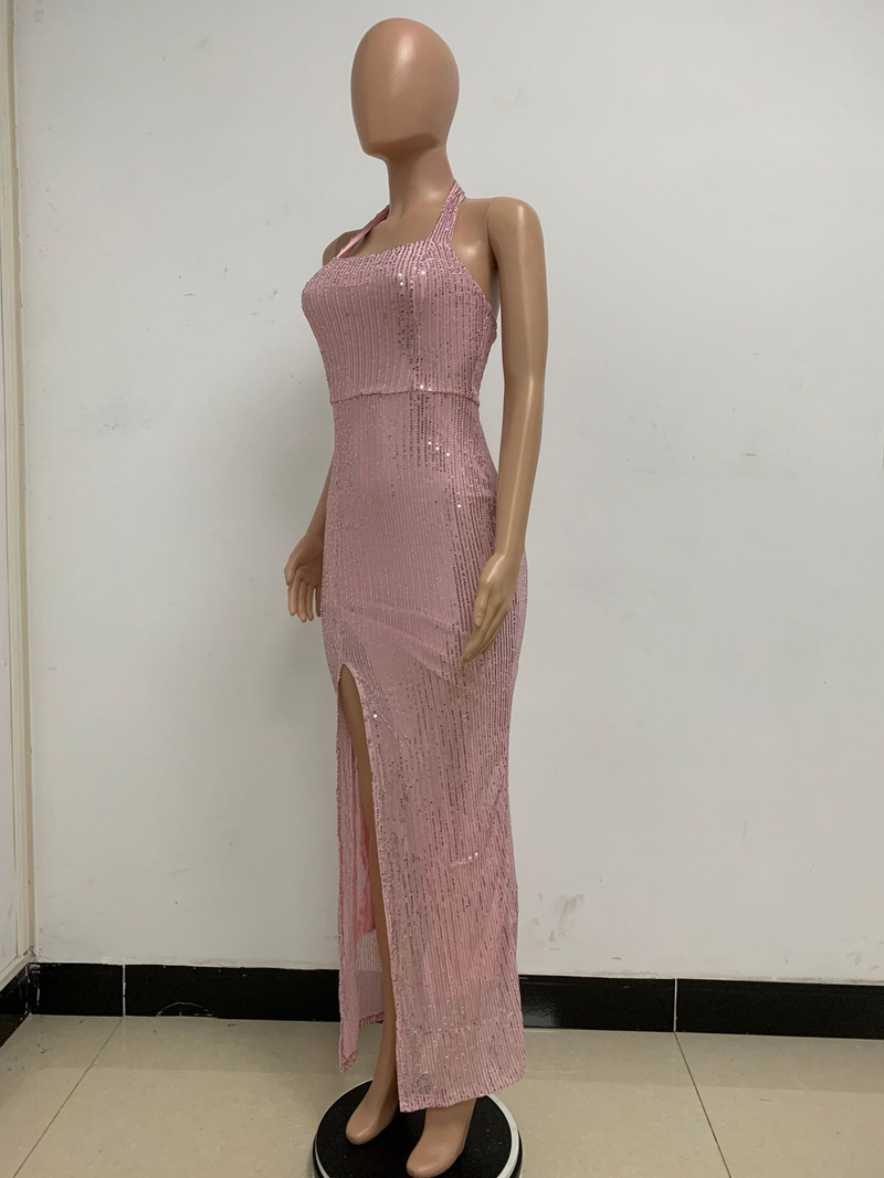 Women's slit sleeveless hot girl dress female halter neck backless sequin dress skirt_autovado.com