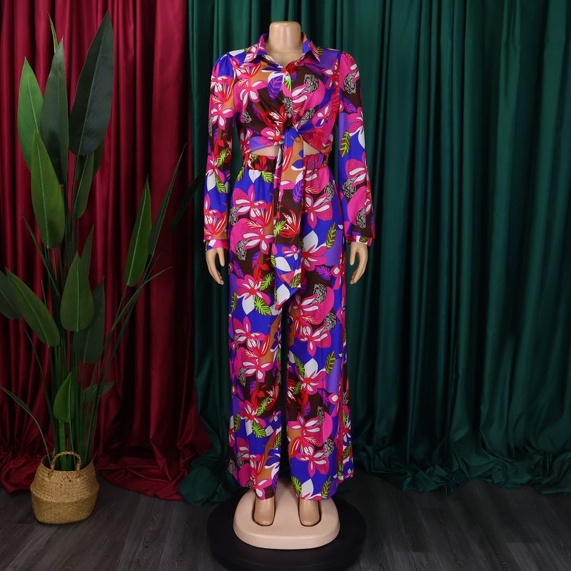 Women's Fashion Print Two-piece Suit Lapel Tie Shirt Wide Leg Pants Suit_autovado.com